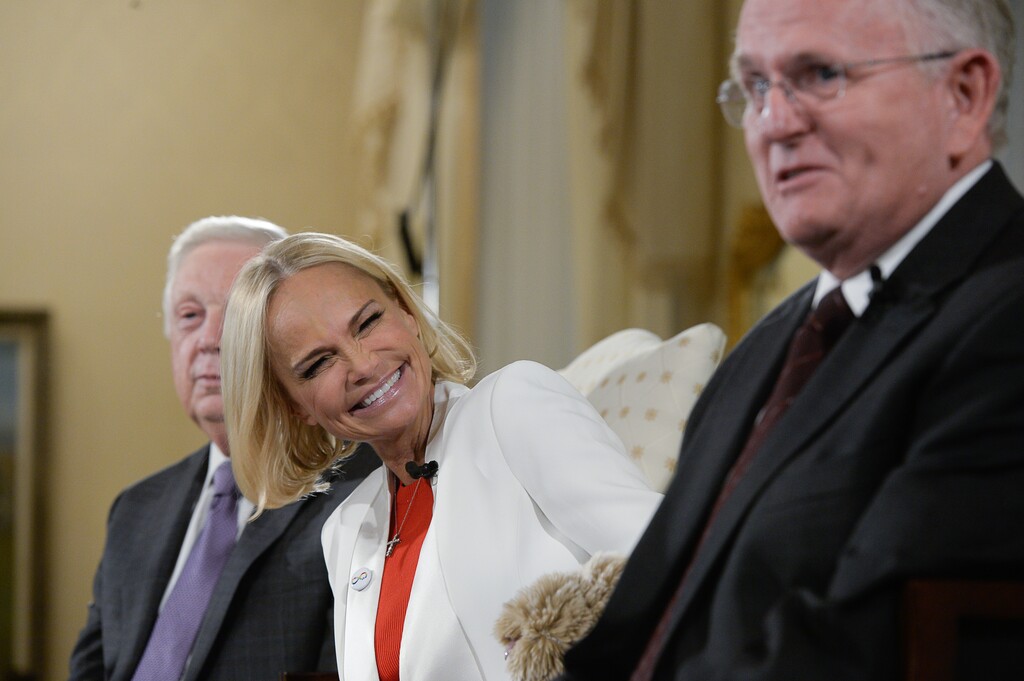 (Francisco Kjolseth | The Salt Lake Tribune) Kristin Chenoweth, the guest artist and narrator at The Tabernacle Choir's annual upcoming Christmas concerts, jokes with music director Mack Wilberg, right, during a news conference at the Relief Society Building on Wednesday, Dec. 12, 2018.