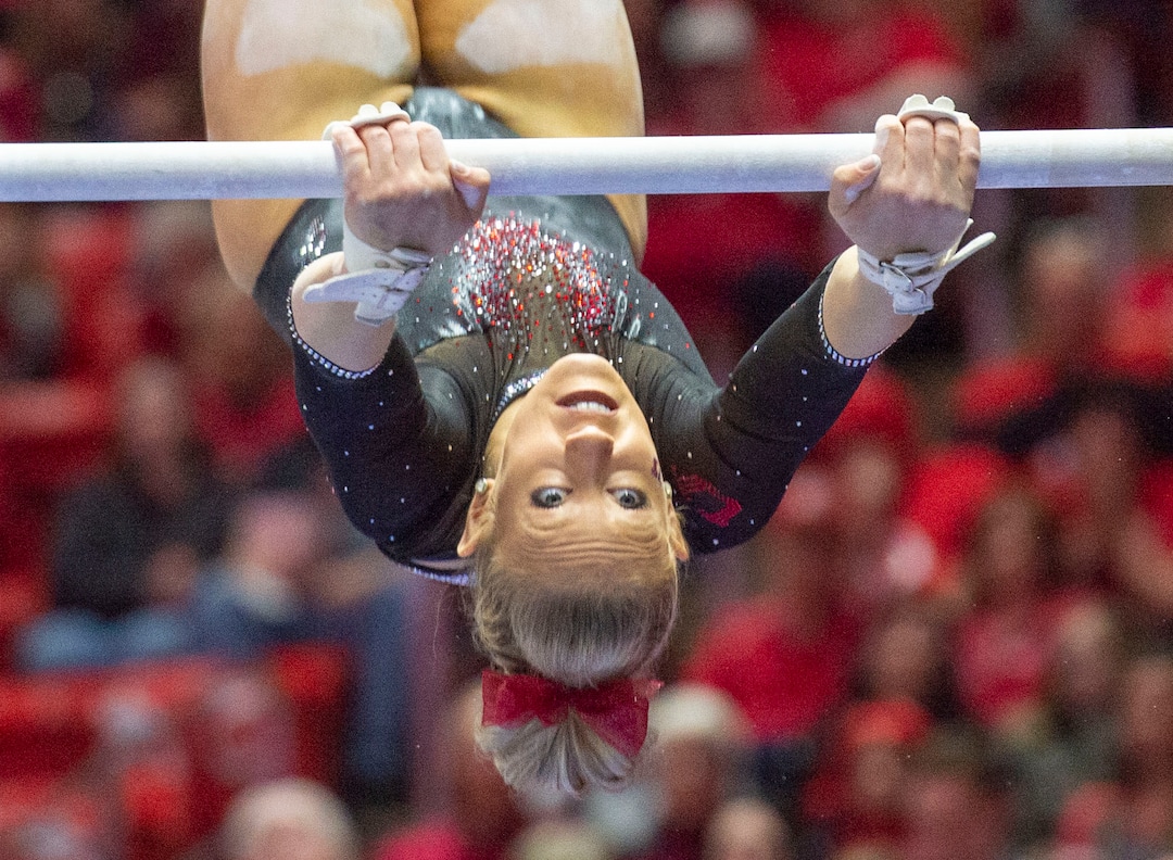 (Rick Egan  |  The Salt Lake Tribune)  THe Makenna Merrill-Giles competes on the uneven bars, in PAC-12 gymnastics action between the UCLA Bruins and the University of Utah, at the Jon M. Huntsman Center, Saturday, Feb. 23, 2019.