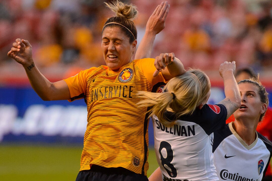 (Trent Nelson | The Salt Lake Tribune)  Utah Royals FC host North Carolina Courage, NWSL soccer at Rio Tinto Stadium in Sandy, Friday July 20, 2018. Utah Royals FC midfielder Katrina Gorry (19) and North Carolina Courage midfielder Denise O'Sullivan (8).