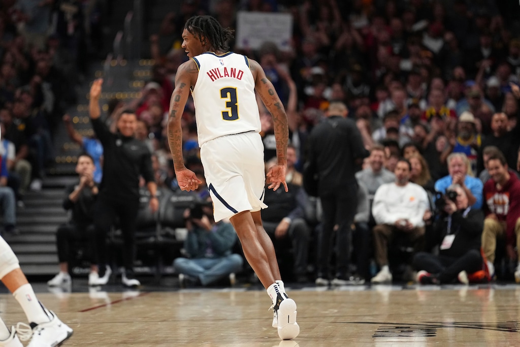 Denver Nuggets guard Bones Hyland (3) celebrates a three point basket against the Utah Jazz during the second quarter of an NBA basketball game Friday, Oct. 28, 2022, in Denver. (AP Photo/Jack Dempsey)