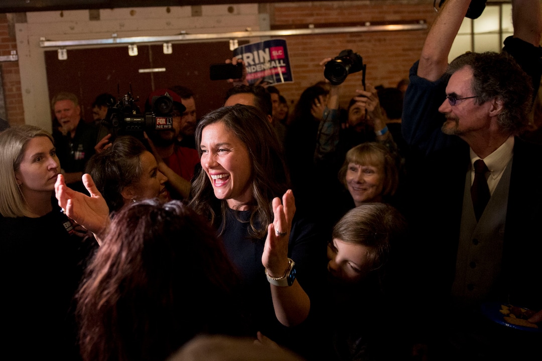 (Jeremy Harmon  |  The Salt Lake Tribune) Salt Lake City mayoral candidate Erin Mendenhall greets supporters on election night Tuesday, November 5, 2019.