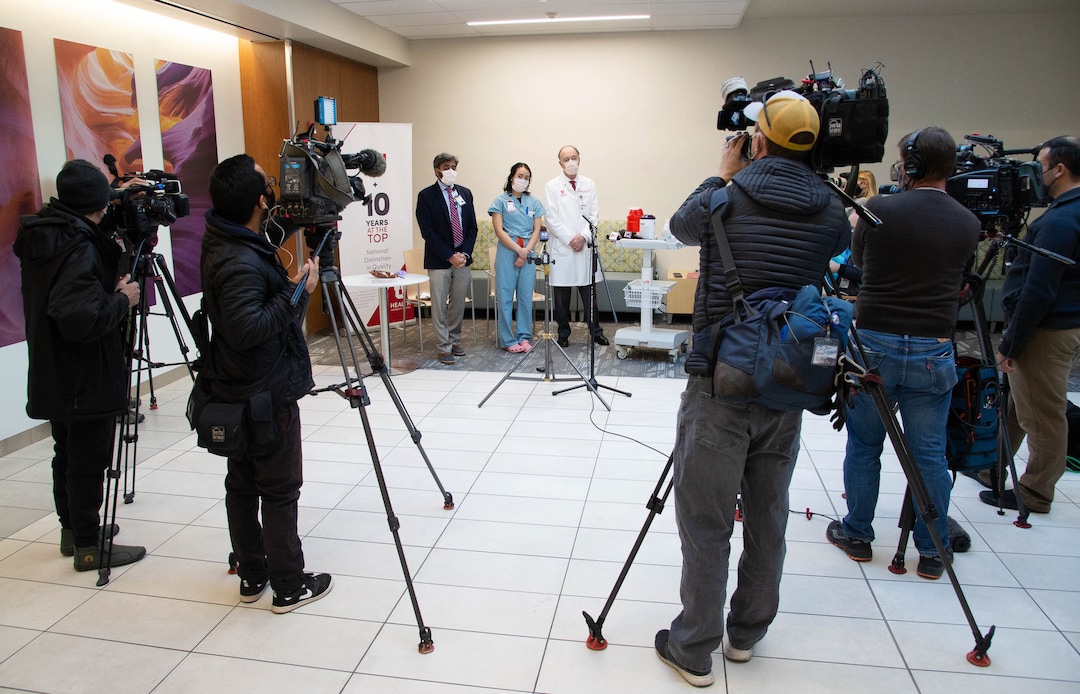 (Francisco Kjolseth  | The Salt Lake Tribune) University of Utah Health begins administering the second dose of the Pfizer-BioNTech COVID-19 vaccine as Christy Mulder, RN, MICU, center, talks about receiving her second dose on Thursday, Jan. 7, 2021. Mulder was joined by Kavish Choudhary, PharmD, Senior Director, U of U Health Pharmacy and Tom Miller, MD, Chief Medical Officer, U of U Health.