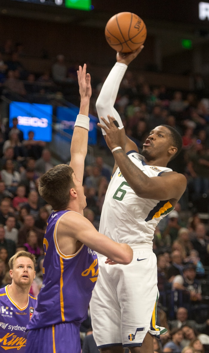 (Rick Egan  |  The Salt Lake Tribune) Utah Jazz forward Joe Johnson (6) shoots over Sydney Kings forward Todd Blanchfield (12), in preseason basketball Utah Jazz vs.Sydney Kings, in Salt Lake City, Sunday, October 2, 2017.


