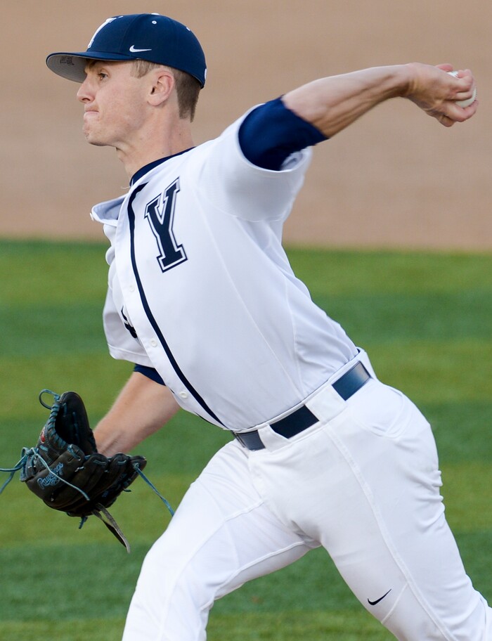 (Leah Hogsten  |  The Salt Lake Tribune) BYU relief pitcher Rhett Parkinson takes the mound in the 5th inning as Brigham Young University hosts University of Utah at Miller Park, Tuesday, April 24, 2018 in Provo.