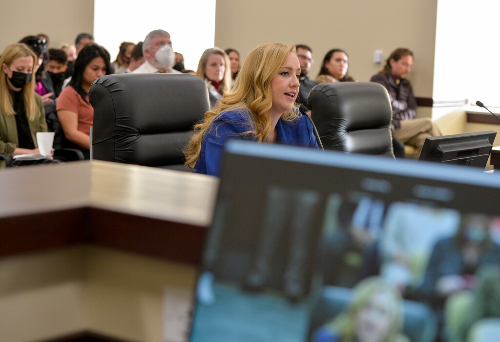 (Chris Samuels | The Salt Lake Tribune) Rep. Candace Pierucci (R-Riverton) presents HB331 during a meeting of the House Revenue and Taxation Committee at the Capitol, Tuesday, Feb. 15, 2022. The bill would introduce school vouchers to Utah students to attend non-public schooling.