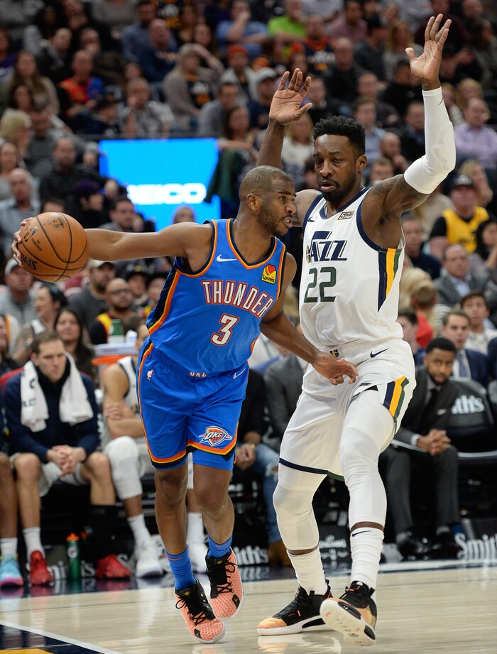 (Francisco Kjolseth  |  The Salt Lake Tribune)  Oklahoma City Thunder guard Chris Paul (3) keeps the ball inbound around Utah Jazz forward Jeff Green (22) as the Utah Jazz host the Oklahoma City Thunder in their NBA basketball game at Vivint Smart Home Arena in Salt Lake City on Mon. Dec. 9, 2019.