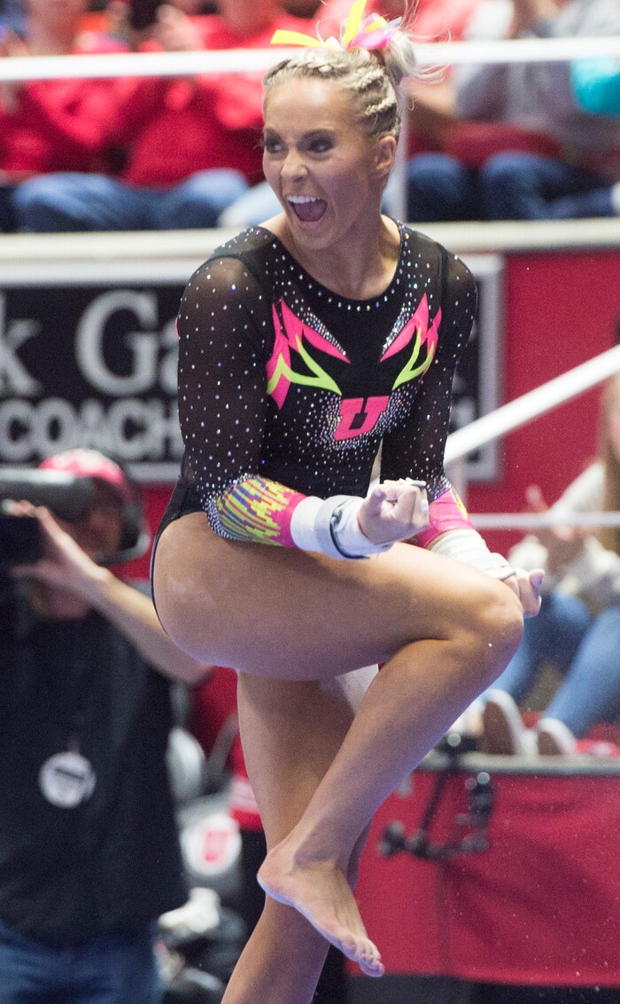(Rick Egan  |  The Salt Lake Tribune)   MyKayla Skinner react after her routine on the bars for Utah, in Gymnastics action Utah vs. Oregon State at the Jon M. Huntsman Center, Friday, January 19, 2018.


