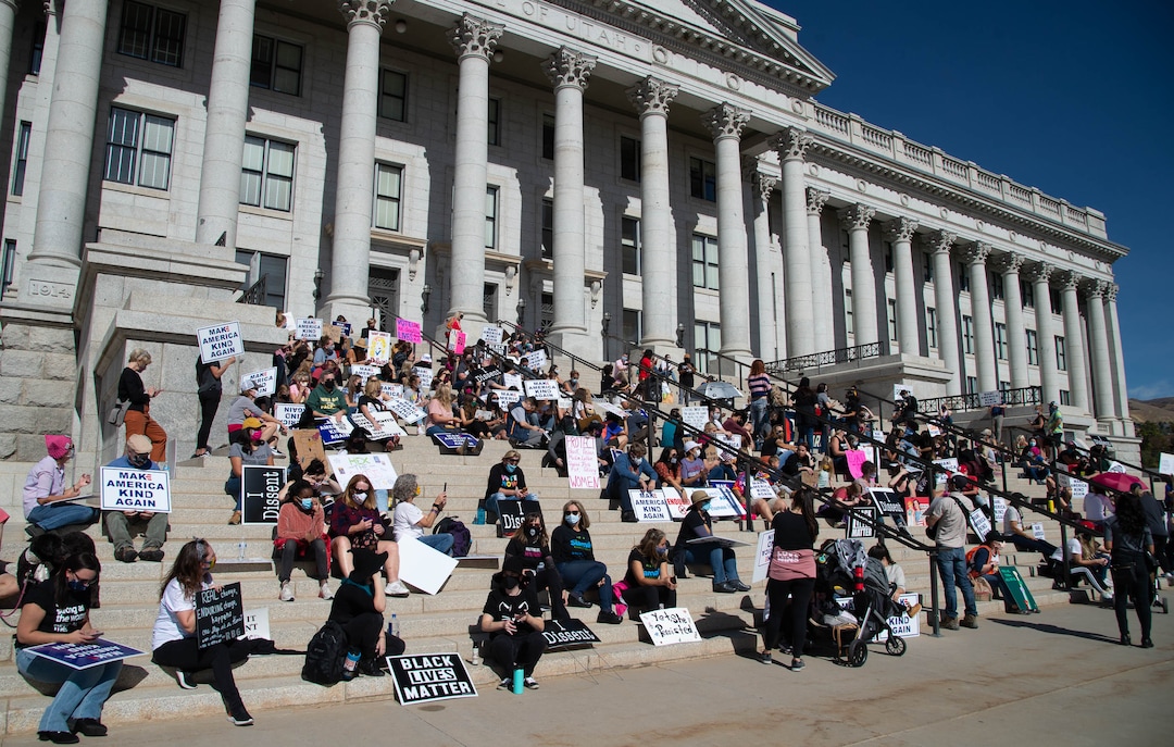 (Francisco Kjolseth  |  The Salt Lake Tribune) Demonstrators gather in Salt Lake City, uniting with Women’s March rallies happening in Washington D.C. and around the country on Saturday, Oct. 17, 2020, to signal their opposition to President Donald Trump and his agenda, including his push to fill the seat of late Supreme Court Justice Ruth Bader Ginsburg before election day.