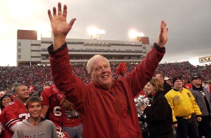 (Trent Nelson  |  Tribune file photo)  Ron McBride celebrates a 13-6 win over BYU in his last game as Utah's coach Saturday, Nov. 23, 2002 at Rice-Eccles Stadium.