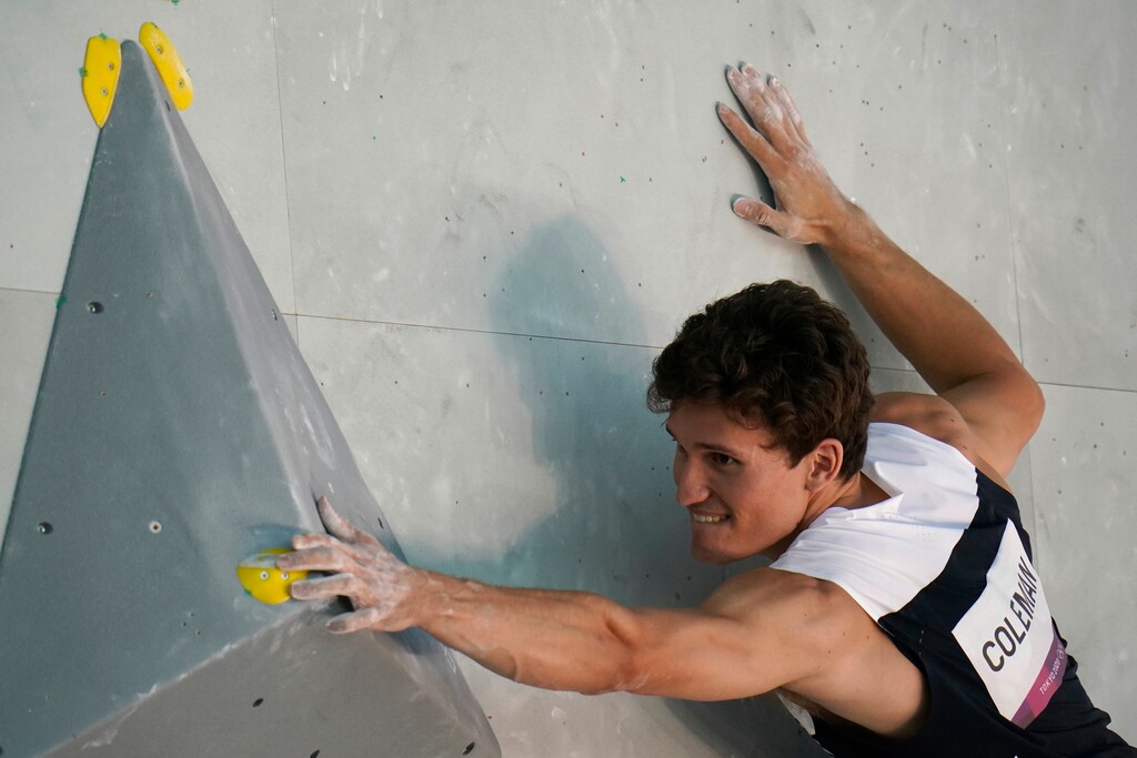(Jeff Roberson | AP) Nathaniel Coleman, of the United States, participates during the bouldering qualification portion of the men's sport climbing competition at the 2020 Summer Olympics, Tuesday, Aug. 3, 2021, in Tokyo.