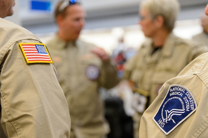 (Trent Nelson | The Salt Lake Tribune) Members of Utah's DMAT-1 (Disaster Medical Assistance Team) meet at the Salt Lake City Airport en route to Texas, Tuesday August 29, 2017. 36 members of the team are headed to the Houston area to help with the fallout of Hurricane Harvey.