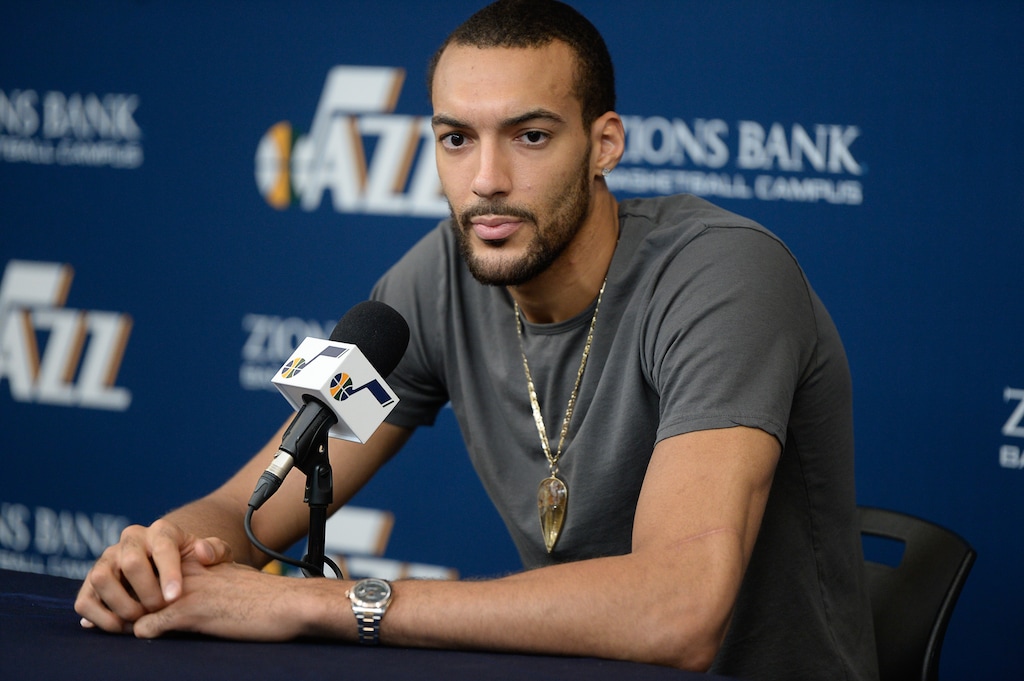 (Francisco Kjolseth | The Salt Lake Tribune) Rudy Gobert of the Utah Jazz speaks with the media following their season-ending game at the team practice facility on Thursday, April 25. 2019.