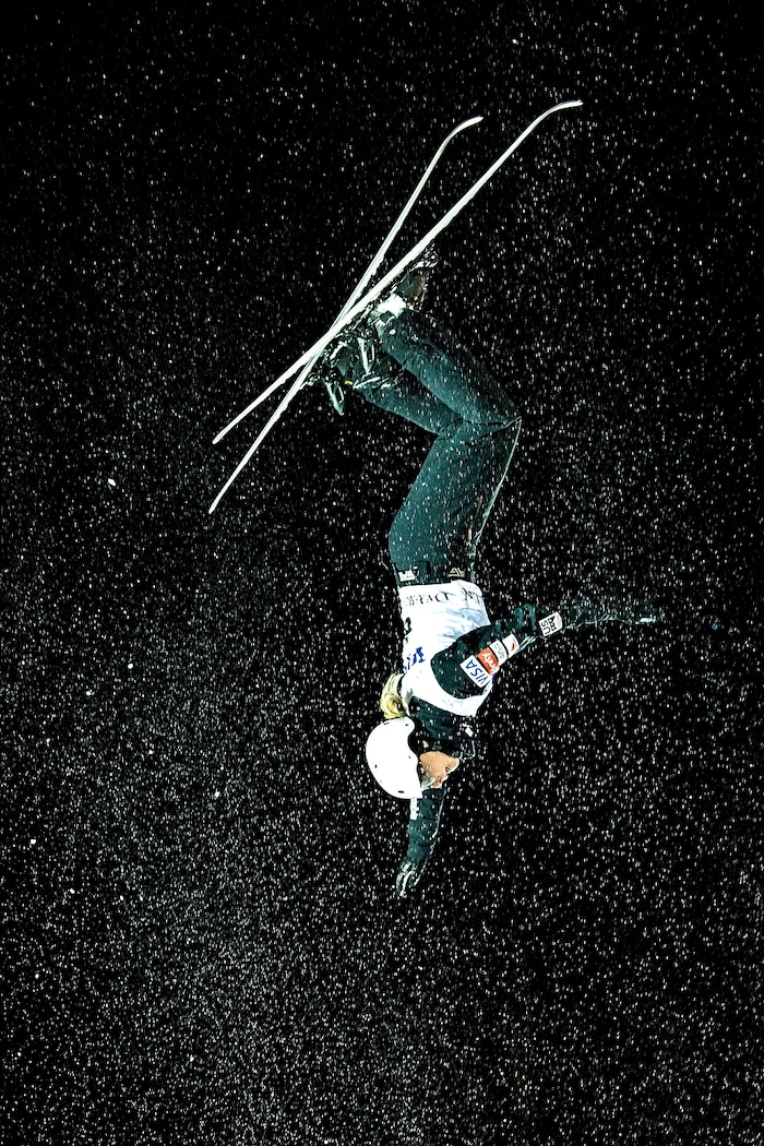 (Chris Detrick  |  The Salt Lake Tribune)  USA's Kiley McKinnon (6) competes in the Ladies' Aerial Finals during the FIS Visa Freestyle International Ski World Cup at Deer Valley Resort Friday, January 12, 2018.  McKinnon finished in eighth place. 
