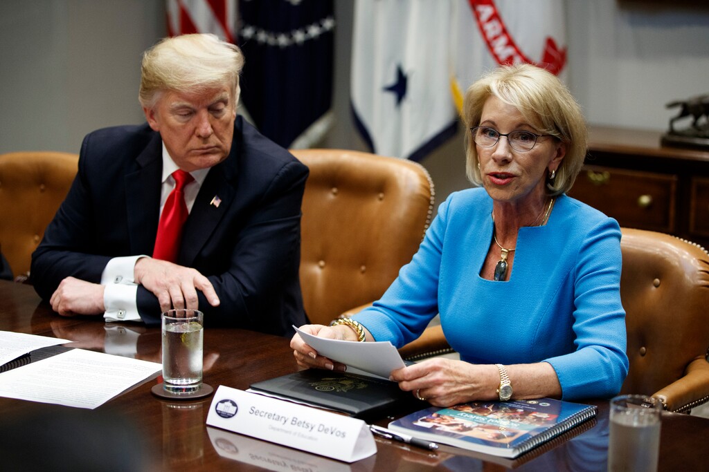 (AP Photo/Evan Vucci) President Donald Trump listens as Secretary of Education Betsy DeVos speaks during a roundtable discussion on the Federal Commission on School Safety report, in the Roosevelt Room of the White House, Tuesday, Dec. 18, 2018, in Washington.