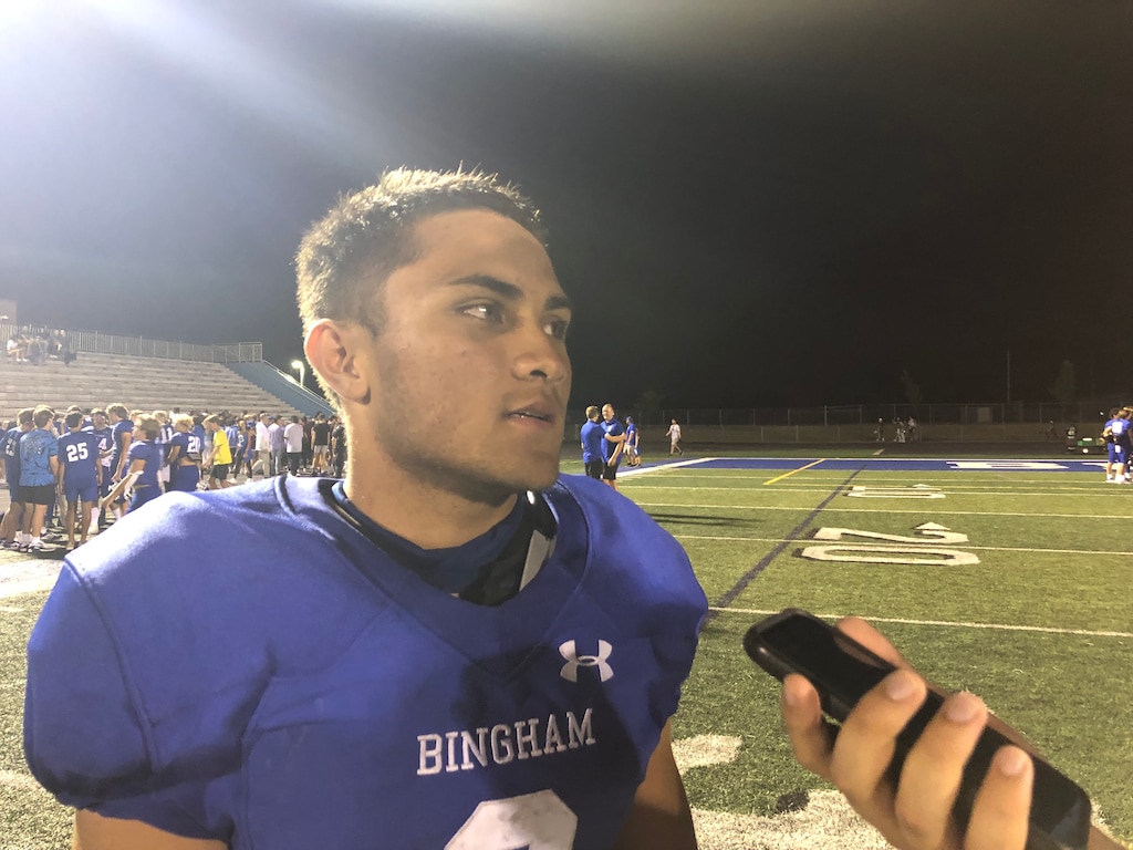 (Sammy Mora | For the Salt Lake Tribune) Bingham running back Havea Fotu rushed for three touchdowns in the Miners' season-opening win over Weber on Friday night.