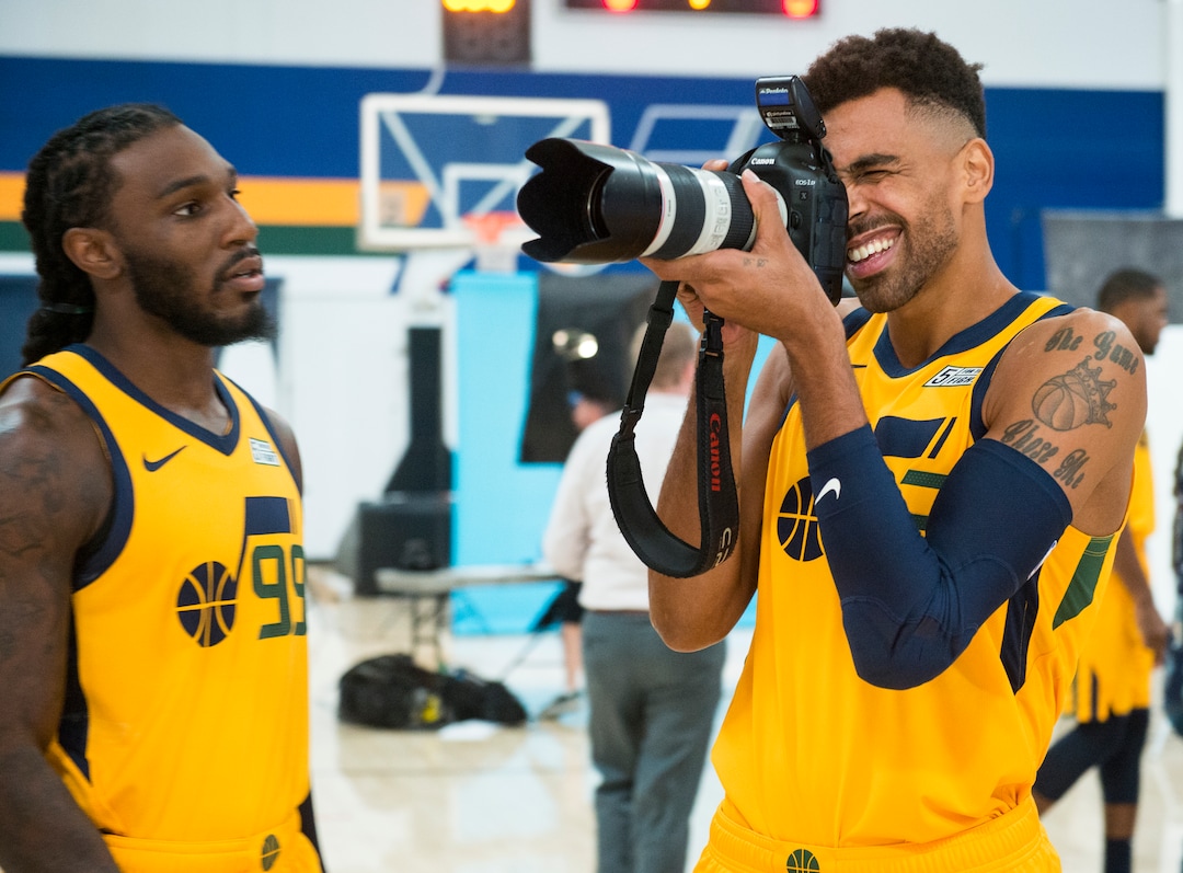 (Rick Egan  |  The Salt Lake Tribune)  Jazz players Jae Crowder and Thabo Sefolosha mess around with a camera during the Utah Jazz annual Media Day photo shoot, Monday, Sept. 24, 2018.