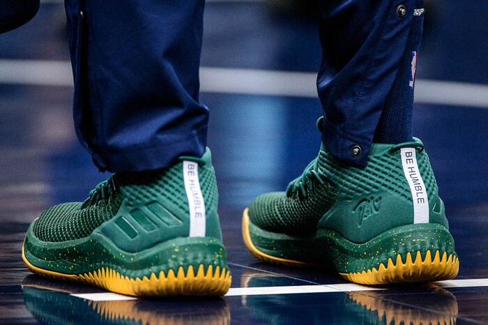 (Trent Nelson | The Salt Lake Tribune)  "Be Humblel," on the shoes of Utah Jazz guard Donovan Mitchell (45) as the Utah Jazz host the Chicago Bulls, NBA basketball in Salt Lake City Wednesday November 22, 2017.