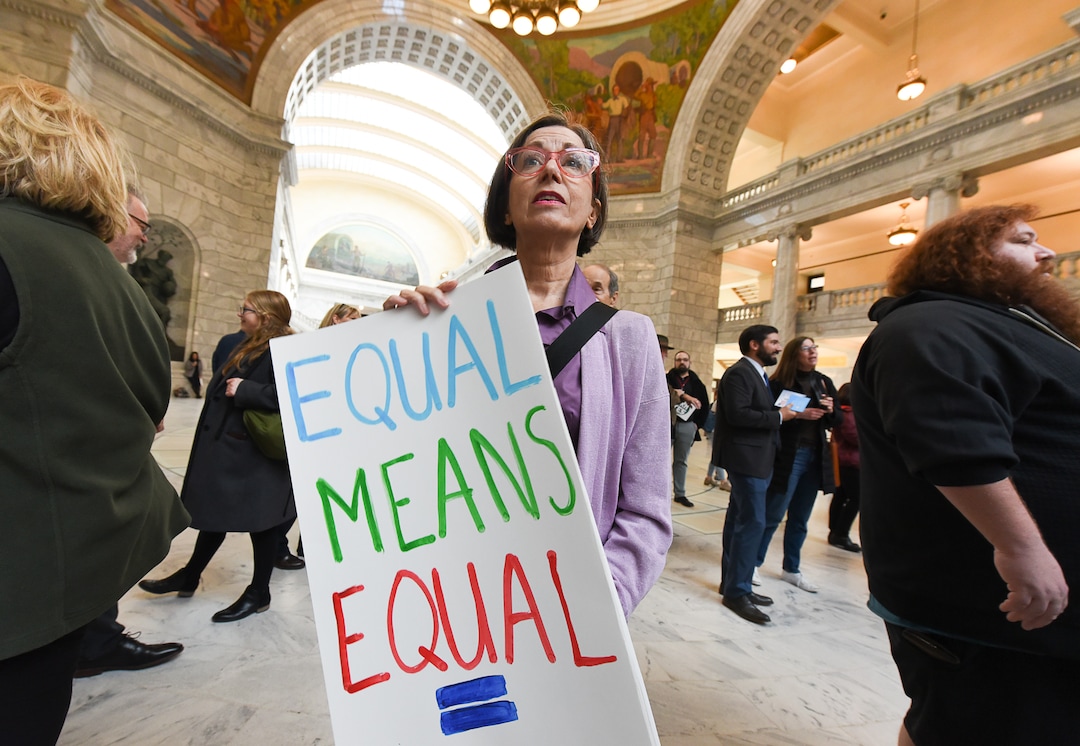 (Francisco Kjolseth  |  The Salt Lake Tribune)  Susan Radtke with Fair Utah joins other local supporters of the Equal Rights Amendment as they rally at the Utah Capitol on Tuesday, Dec. 3, 2019, to encourage Utah to ratify the ERA.