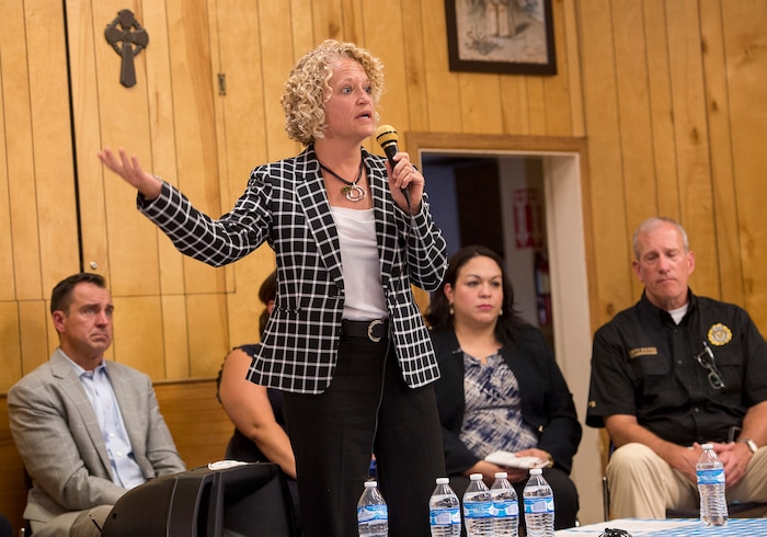 (Rick Egan  |  The Salt Lake Tribune)  Salt Lake City Mayor Jackie Biskupski talks about the homeless problem with westside residents who say that the crackdown on crime in the Rio Grande area has pushed homeless people and drug activity toward their neighborhoods, at the Poplar Grove Community Alliance Meeting at the St. Patrick Parish Social Hall, Friday, August 25, 2017.


