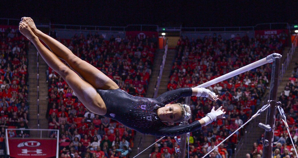 (Leah Hogsten | The Salt Lake Tribune) MyKayla Skinner flies between the bars during her routine. The fourth-ranked Utes compete against No. 9 California, No. 16 Auburn, No. 21 Brigham Young, Stanford and Southern Utah, during the the NCAA Regional Championships, Saturday, April 7, 2018 at the Huntsman Center. The top two teams advance to the NCAA Championships April 20-21 in St. Louis.