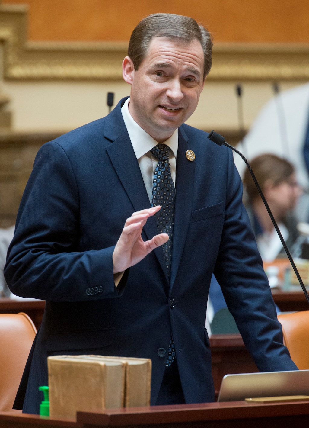 (Rick Egan  |  The Salt Lake Tribune)    Rep. Steve Eliason discusses HB 41, which has become known as "Hannah's Bill" on the floor of the House of Representatives, Friday, January 26, 2018.