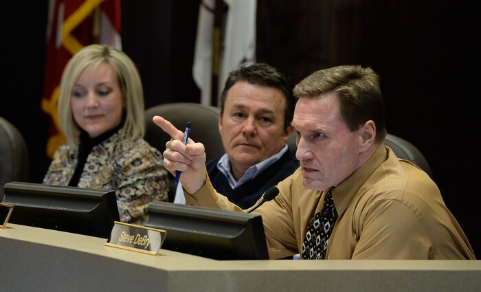 (Francisco Kjolseth | The Salt Lake Tribune) The Salt Lake County Council member Steve DeBry, right, explains his "no" vote alongside council members Aimee Winder Newton and Michael Jensen for the first of two votes on Tuesday, Feb. 25, 2020, on a set of zoning changes for Olympia Hills, the controversial new housing and commercial development proposed on unincorporated county land on Herriman's western border. The County Council approved the zoning changes 6-to-3, as residents from Herriman, Bluffdale and Riverton who oppose the project turned out for the hearing to voice their concerns.