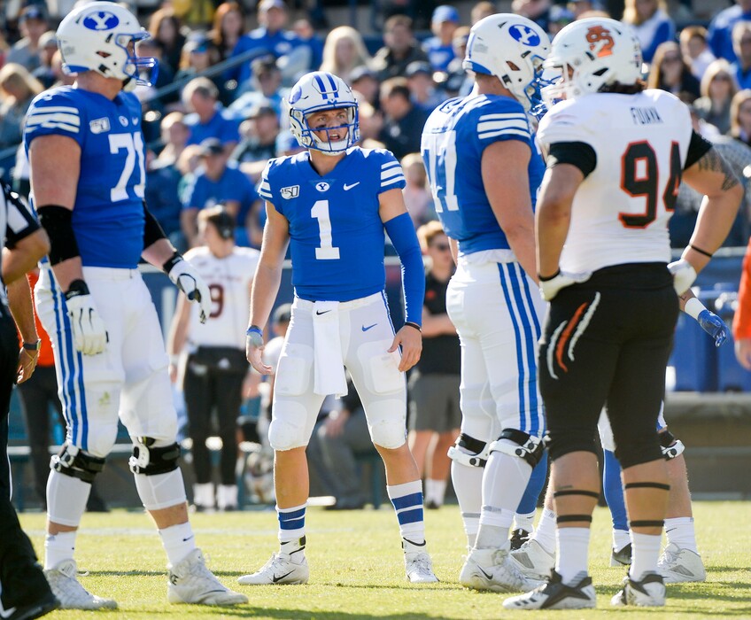 (Leah Hogsten | The Salt Lake Tribune) Brigham Young Cougars quarterback Zach Wilson (1) expresses his frustration after the offensive line suffered its second false start as Brigham Young University takes on Idaho State, Saturday, Nov. 16, 2019 at LaVell Edwards Stadium.