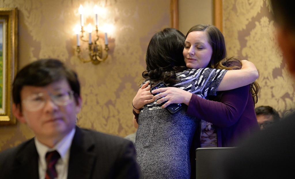 (Francisco Kjolseth  |  The Salt Lake Tribune)  Kristin Young, nurse case manager at Dixie Regional Medical Center is embraced by Minister Xu Xueyuan, of the Chinese embassy in the United States, during a reception at Little America Hotel on Friday, Nov. 22, 2019, held to thank everyone who cared for the Chinese tourists killed and injured in the bus crash Sept. 20 near Bryce Canyon National Park. Young was one of many who helped those affected by the crash killed four passengers and injured 27 others aboard.