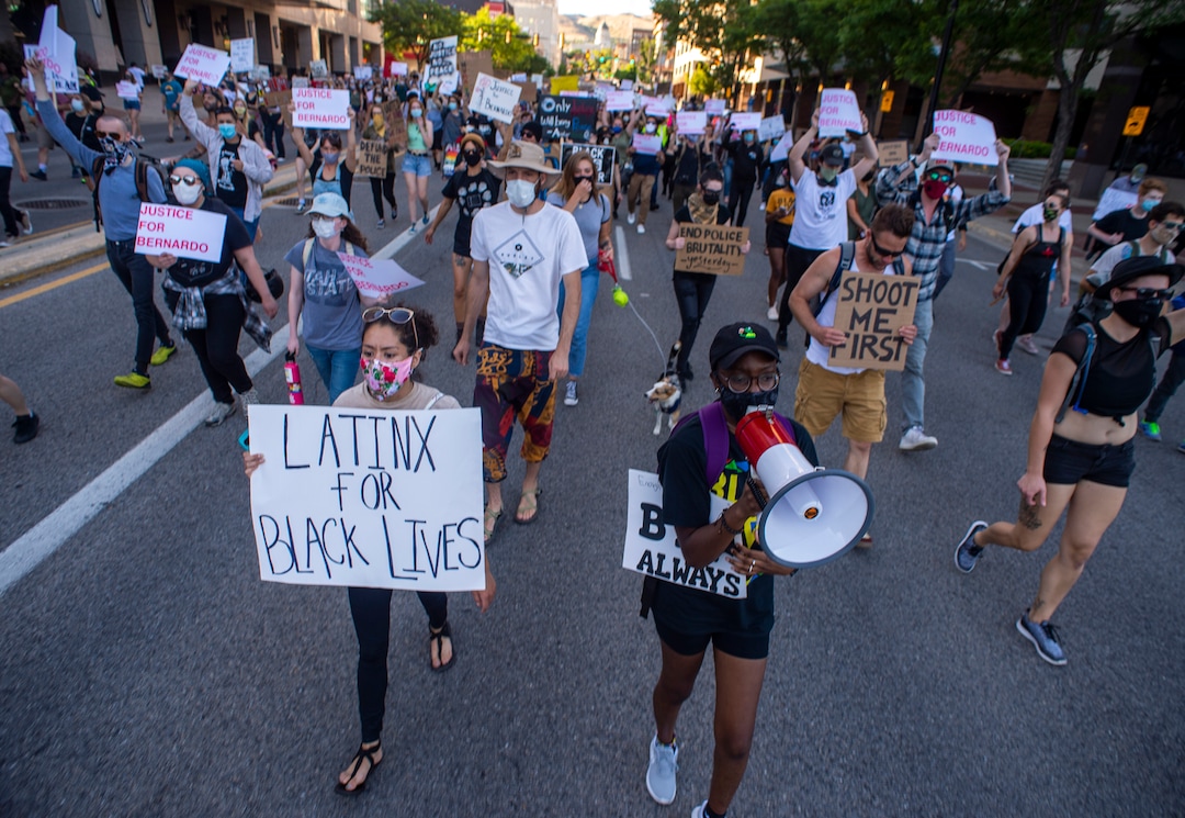 (Rick Egan  |  The Salt Lake Tribune)     Protesters march down State Street on Wednesday, June 10, 2020.