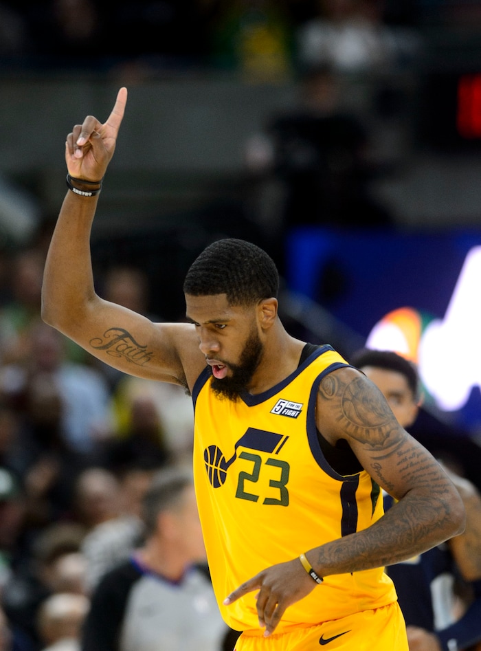 (Steve Griffin  |  The Salt Lake Tribune) Utah Jazz forward Royce O'Neale (23) holds up a finger after draining a three-pointer during the Utah Jazz versus Denver Nuggets NBA basketball game at Vivint Smart Home Arena  in Salt Lake City Tuesday November 28, 2017.