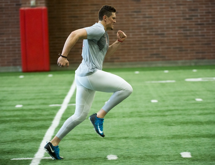 (Rick Egan  |  The Salt Lake Tribune)      Harrison Handley, runs the 40-yard-dash, during University of Utah's 2018 Pro Day for NFL scouts, at Spence Eccles Field House, Wednesday, March 28, 2018.