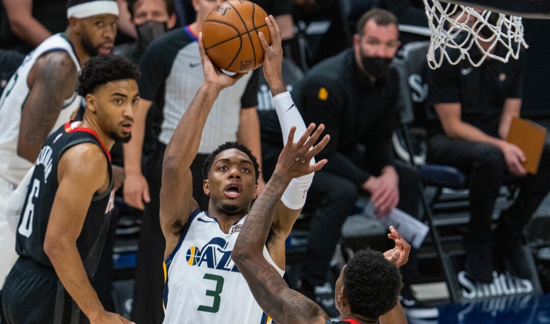 (Rick Egan | The Salt Lake Tribune) Utah Jazz guard Trent Forrest (3) shoots over Houston Rockets guard Armoni Brooks (7), in NBA action between the Utah Jazz and the Houston Rockets, at Vivint Arena, on Saturday, May 8, 2021.