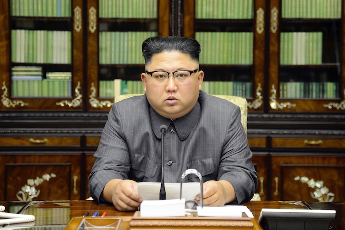 In this Thursday, Sept. 21, 2017, photo distributed on Friday, Sept. 22, 2017, by the North Korean government, North Korean leader Kim Jong Un delivers a statement in response to U.S. President Donald Trump's speech to the United Nations, in Pyongyang, North Korea. Kim, in an extraordinary and direct rebuke, called Trump "deranged" and said he will "pay dearly" for his threats, a possible indication of more powerful weapons tests on the horizon. Independent journalists were not given access to cover the event depicted in this image distributed by the Korean Central News Agency via Korea News Service. The content of this image is as provided and cannot be independently verified. (Korean Central News Agency/Korea News Service via AP)