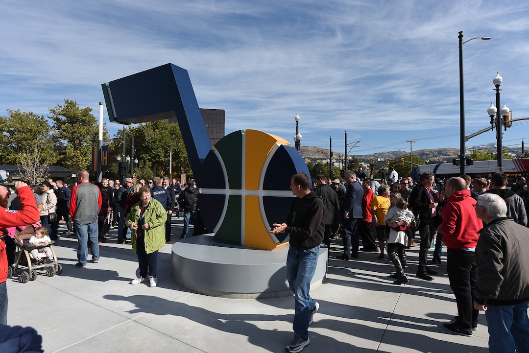 (Francisco Kjolseth  |  The Salt Lake Tribune)  The Jazz unveil renovations for the arena, starting with the J-Note statue and then offering self-guided tours of the venue on Tuesday, Sept. 26, 2017. The arena features new seats, new concourse areas, new anchor restaurants and open spaces for more social experiences at Jazz games and events.