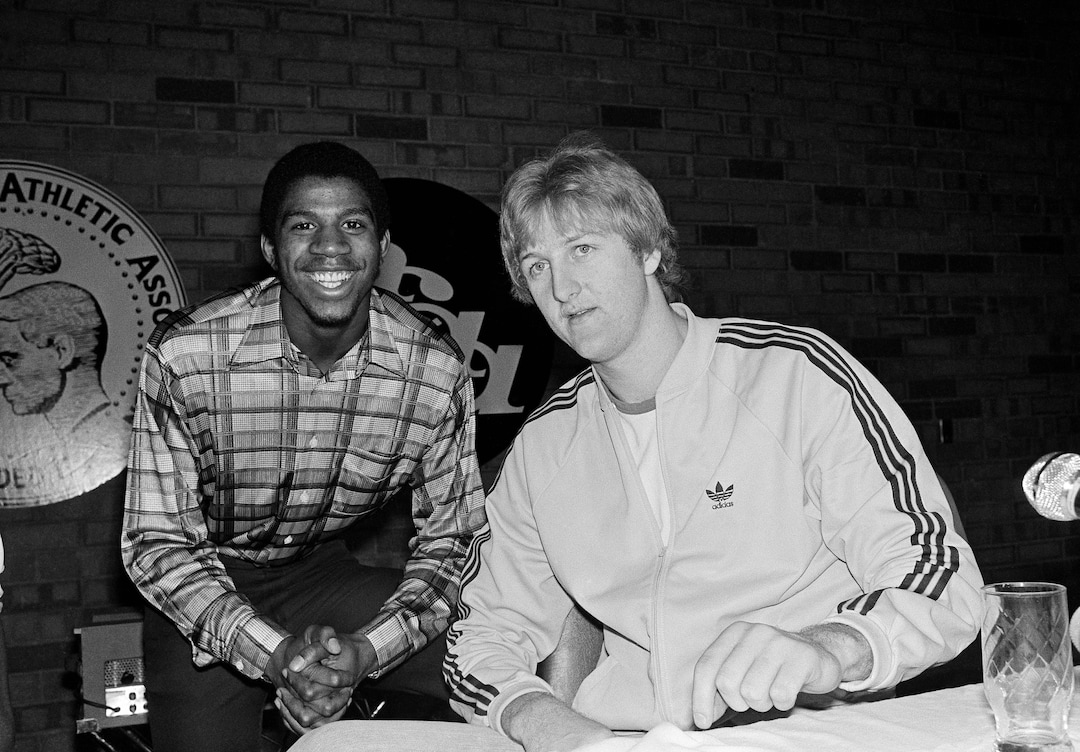 (AP Photo/Lennox McLendon) Earvin 'Magic' Johnson, left, of Michigan State, and Larry Bird of Indiana State on March 25, 1979 in Salt Lake City, will be the big guns in Monday's final game in the NCAA Championships at Salt Lake City, Utah. In their semi-final games Saturday, Bird scored 35 points for ISU with Johnson scoring 29 for the Spartans. 