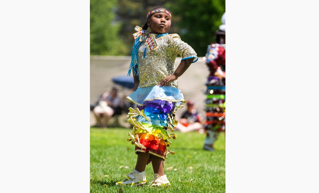 (Rick Egan | The Salt Lake Tribune) Janessa Kelly 7, from Gabbs, Nevada, dances at the Native American celebration and Powwow at Liberty Park, on Friday, July 23, 2021.