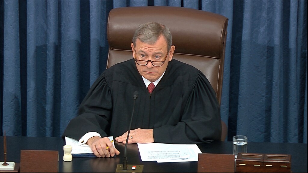 (Senate Television via AP) In this image from video, presiding officer Chief Justice of the United States John Roberts listens during the impeachment trial against President Donald Trump in the Senate at the U.S. Capitol in Washington, Wednesday, Jan. 29, 2020.