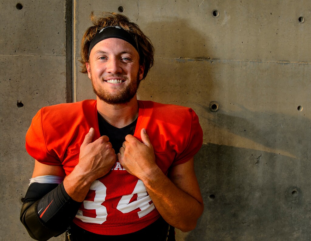 (Steve Griffin  |  The Salt Lake Tribune)  Senior Alex Whittingham, recently won the long-snapping starting job for the University of Utah football team. Whittingham, the son of Utah head coach Kyle Whittingham, has been transparent about his battle with depression and OCD. Hi is photograpjhed here following practice at the Eccles Football Center on the University of Utah campus in Salt Lake City Tuesday September 5, 2017.