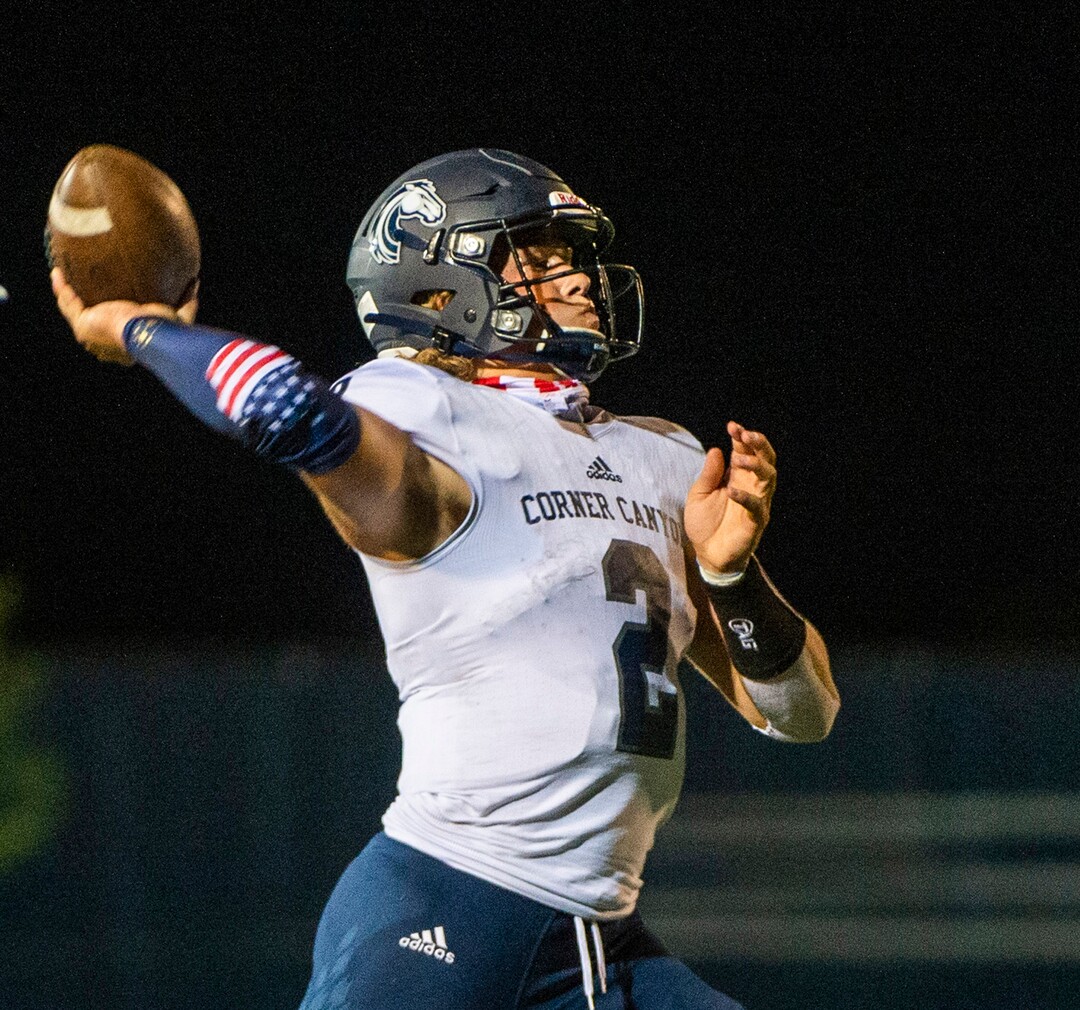 (Rick Egan  |  The Salt Lake Tribune)   Quarterback Jaxon Dart throws a pass for Corner Canyon, in prep action between the Bingham Miners and the Corner Canyon Chargers, at Bingham High onFriday, Aug. 28, 2020.