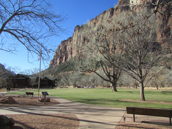 (Tom Wharton | The Salt Lake Tribune) The grounds in front of the Zion National Park Lodge were mostly empty Sunday on the second day of the government shutdown, though the lodge remained opened. Park services have been reduced because of a federal government shutdown that went into effect at midnight Friday after the Senate was unable to pass a new spending bill.