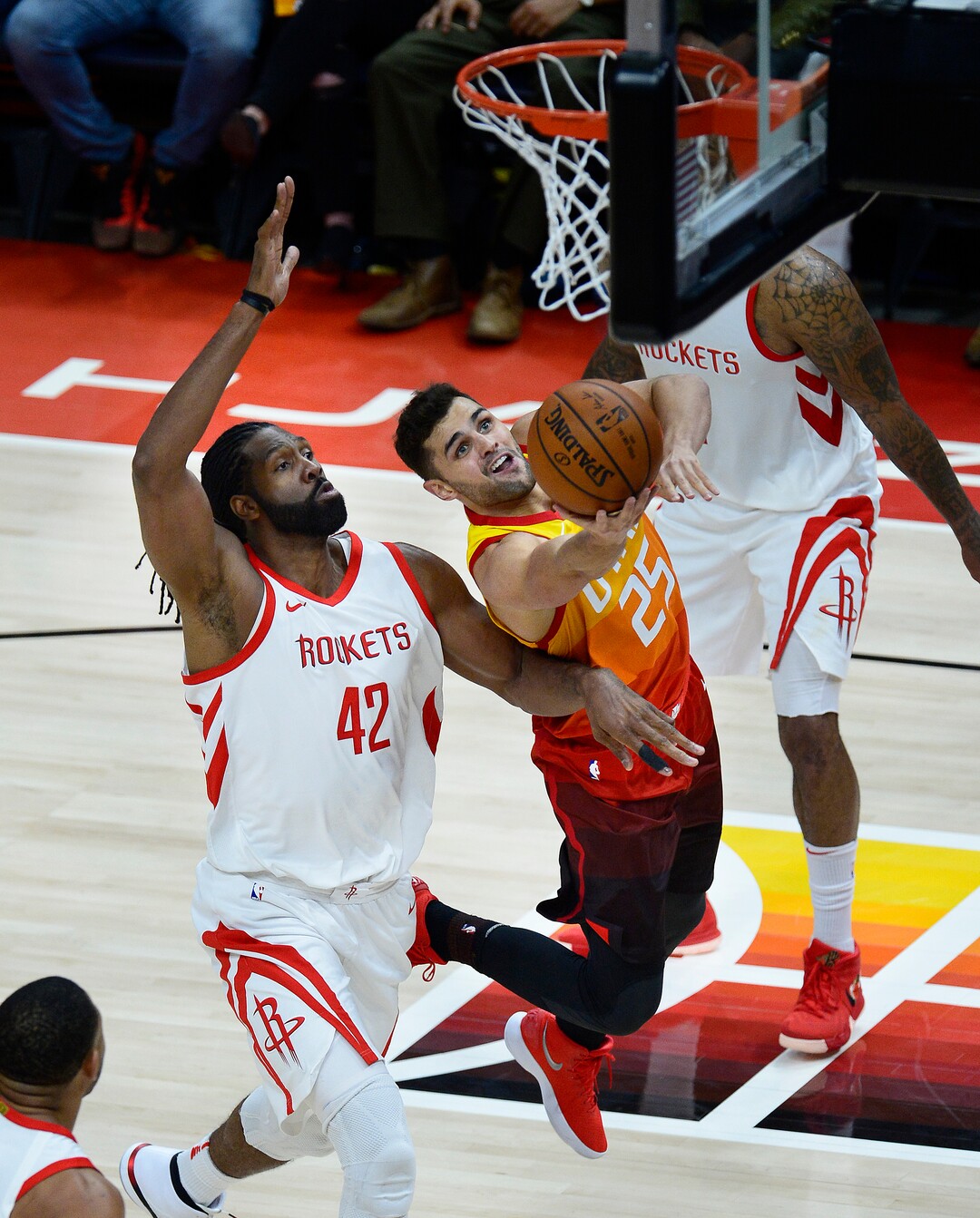 (Scott Sommerdorf | The Salt Lake Tribune)Utah Jazz guard Raul Neto (25) drives for a layup against Houston Rockets center Nene Hilario (42) during second half play. The Houston Rockets beat the Utah Jazz 113-92 in game 3 of their playoff series, Friday, May 4, 2018.