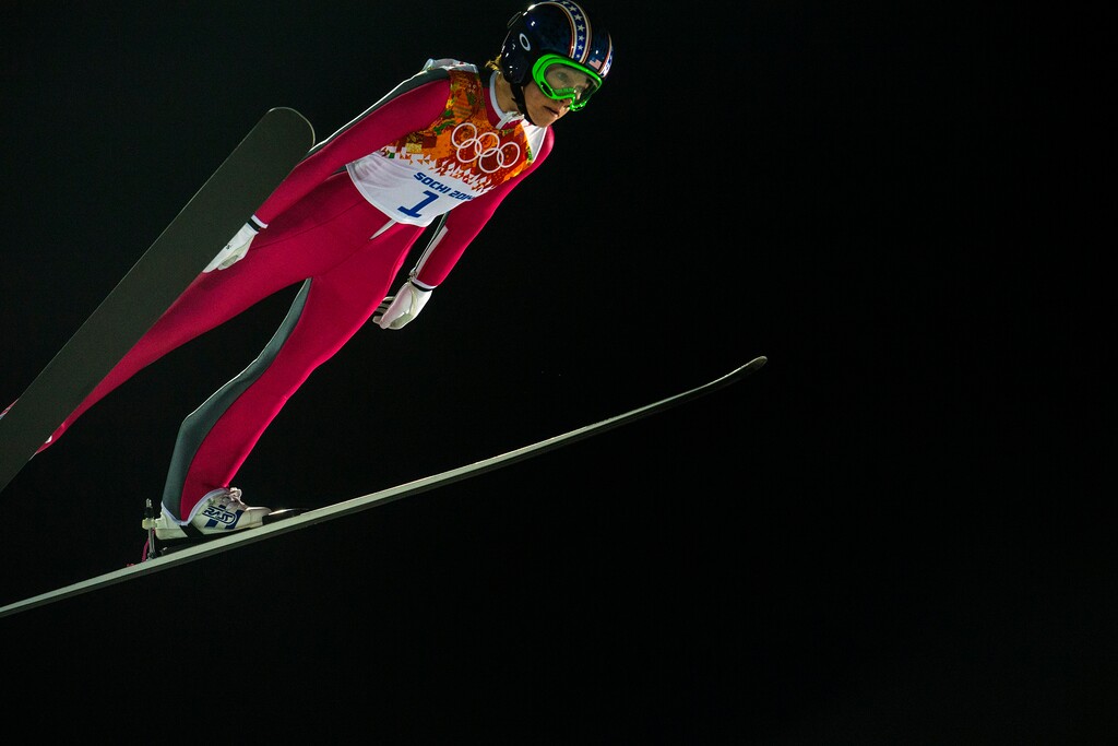 (Chris Detrick  |  Tribune file photo) Park City's Sarah Hendrickson competes in the women's ski jumping competition at the Gorki Ski Jumping Center during the 2014 Sochi Olympic Games Tuesday February 11, 2014. Hendrickson, officially the first woman to compete in the event in the Olympics, finished in 21st place with a 217.6.