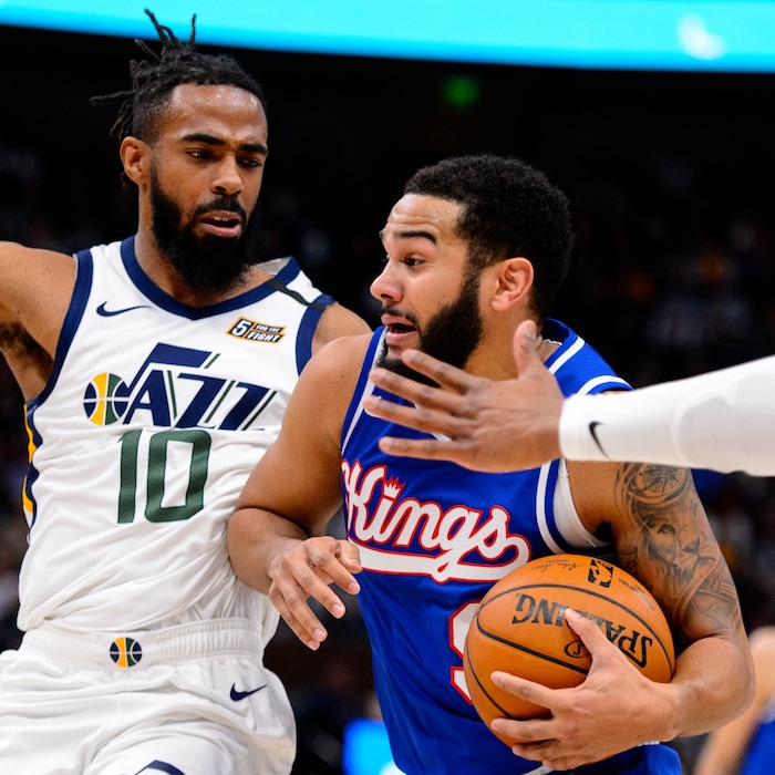 (Trent Nelson  |  The Salt Lake Tribune) Utah Jazz guard Mike Conley (10) defends Sacramento Kings guard Cory Joseph (9) as the Utah Jazz host the Sacramento Kings, NBA basketball in Salt Lake City on Saturday, Jan. 18, 2020.