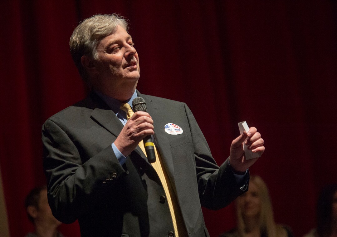 (Rick Egan  |  The Salt Lake Tribune)     Steven Burge, speaks to the Salt Lake County Democratic Party's Central Committee members, as one of 10 candidates vying the at-large Country Council seats left vacant by now-Salt Lake County Mayor Jenny Wilson, at Eisenhower Jr High, Saturday, Feb. 23, 2019.
