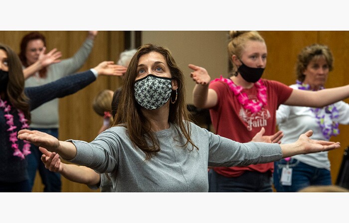 (Rick Egan | The Salt Lake Tribune)  Lis Williams, learns some hula moves, in Rachel Johnson Hula class at Ruby's Inn, during the 36th annual Ruby's Inn Bryce Canyon Winter Festival on Saturday, Feb. 13, 2021.