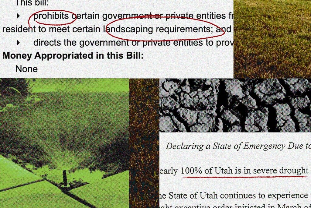 (Illustration by Alex Bandoni | ProPublica Images by Mark Olalde | ProPublica) Text of a legislative bill and executive order from Utah lawmakers. The nation’s fastest-growing and second-driest state had a banner year for water conservation as it plays catch-up to the rest of the West.