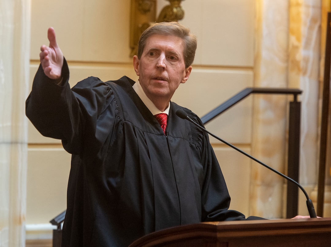 (Rick Egan  |  The Salt Lake Tribune)      Matthew B. Durrant, Chief Justice of the Utah Supreme Court and Chair of the Utah Judicial Council introduces his colleagues in the State Supreme Court, as he gives his State of the Judiciary Address in the Senate, Monday, Jan. 28, 2019.