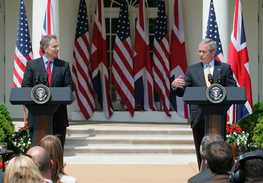 (Lawrence Jackson | AP file photo) President Bush, right, and British Prime Minister Tony Blair take part in a joint press conference in the Rose Garden of the White House in Washington on May 17, 2007.
