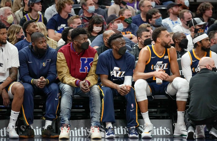 (Francisco Kjolseth | The Salt Lake Tribune) The Jazz bench takes in the action against the Minnesota Timberwolves at Vivint Smart Home Arena in Salt Lake City, Thursday, Dec. 23, 2021.
