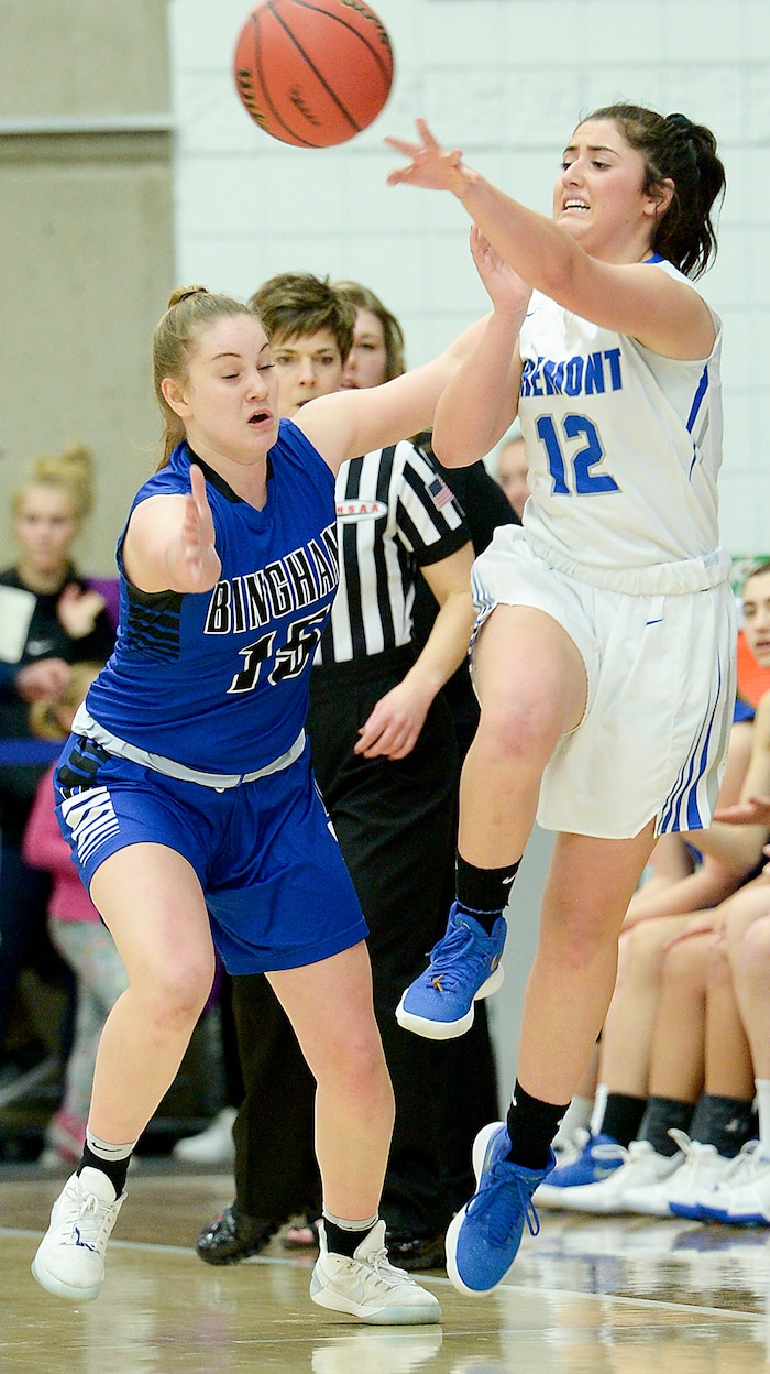 (Leah Hogsten  |  The Salt Lake Tribune) Bingham's Maggie McCord (15) pressure Fremont's Abby Broadbent (12). Bingham faces Fremont in the championship game of the 6A High School Girls' Basketball Tournament at SLCC in Taylorsville,Saturday, Feb. 24, 2018. 